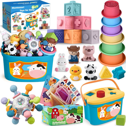 X With Love 6-in-1 baby Montessori toy set for infants 0-12 months, includes soft teething toy, stacking cups, blocks, and finger puppets.
