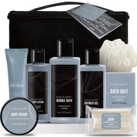 Luxury men's bath and body spa gift basket with 8 scented leather skincare products from X With Love for self-care and relaxation.
