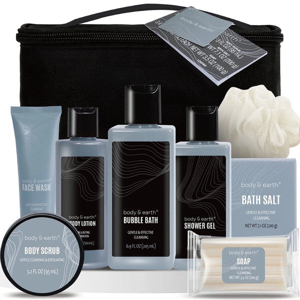 Luxury men's bath and body spa gift basket with 8 scented leather skincare products from X With Love for self-care and relaxation.