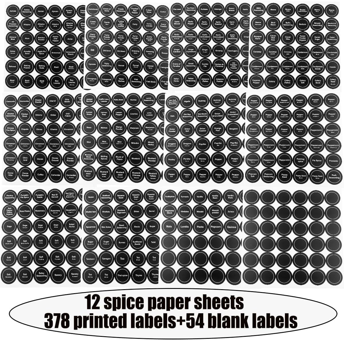 Set of 432 waterproof round spice labels with printed and blank options for kitchen jars, caps, and food containers.