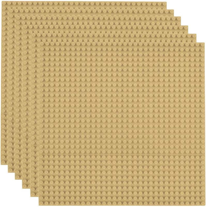 Six 10x10-inch classic building baseplates in sand color for kids ages 3+, compatible with major brick brands and activity tables.