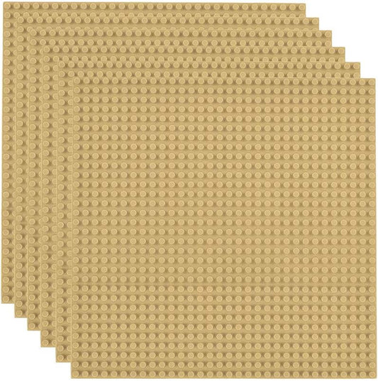 Six 10x10-inch classic building baseplates in sand color for kids ages 3+, compatible with major brick brands and activity tables.