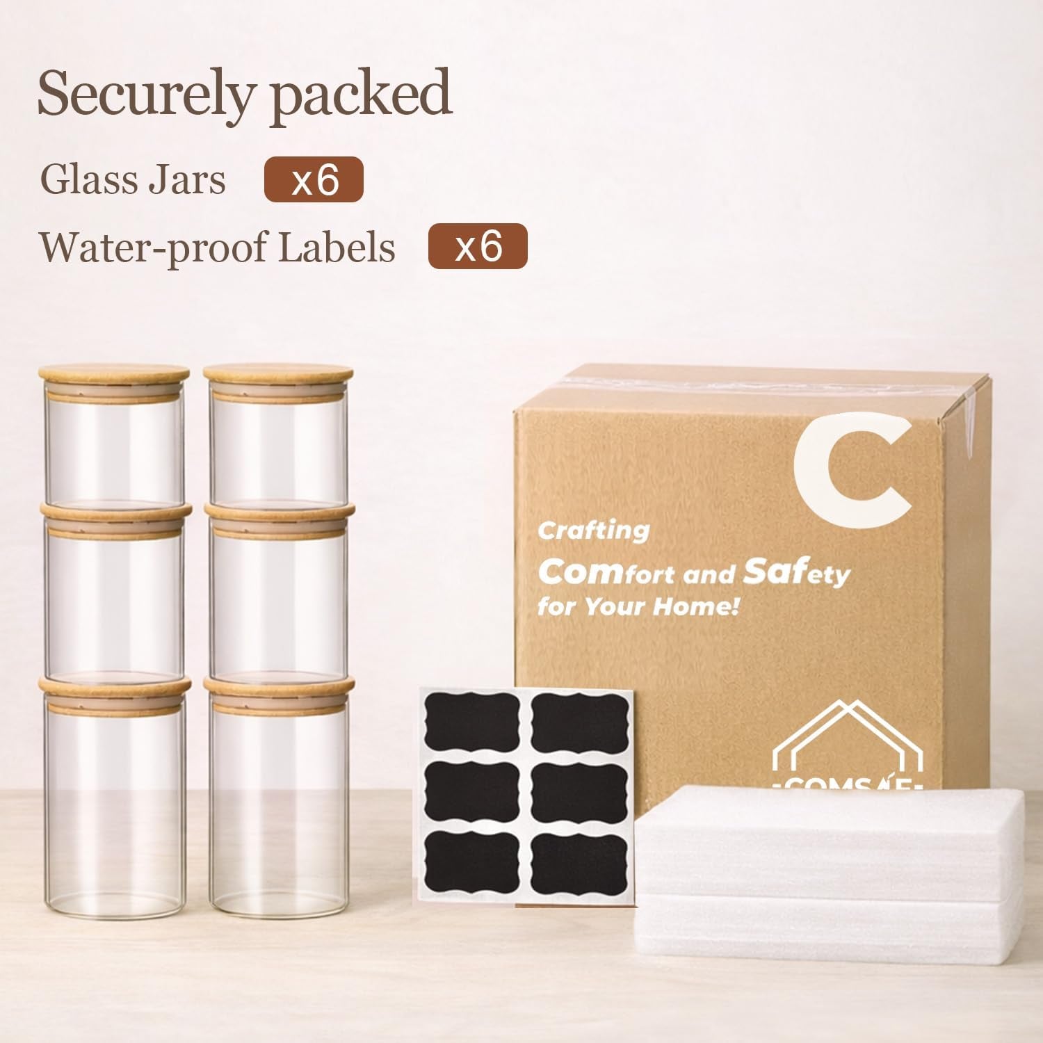 Set of six X With Love glass storage containers with airtight lids and labels, ideal for pantry organization and storing dry foods.