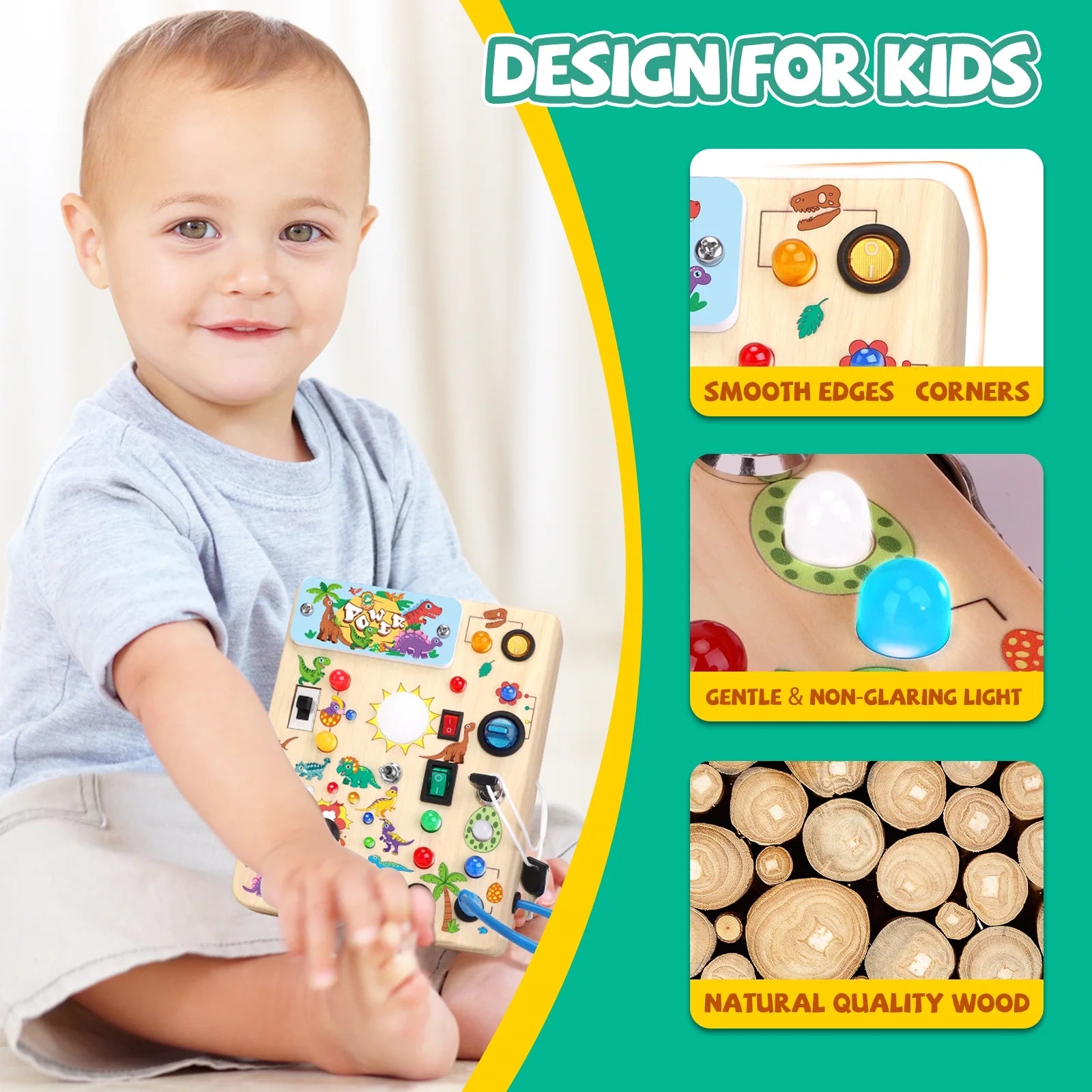 Wooden dinosaur busy board game for toddlers aged 1+ by X With Love, featuring interactive Montessori-style toys for travel and learning.