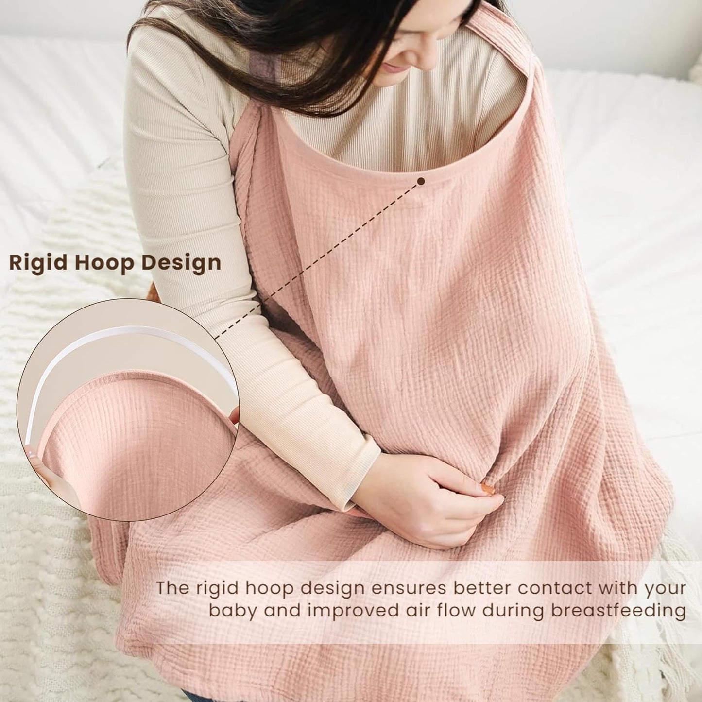 Pink X With Love muslin nursing cover with rigid hoop, breathable 100% cotton breastfeeding apron for mother and carseat canopy.