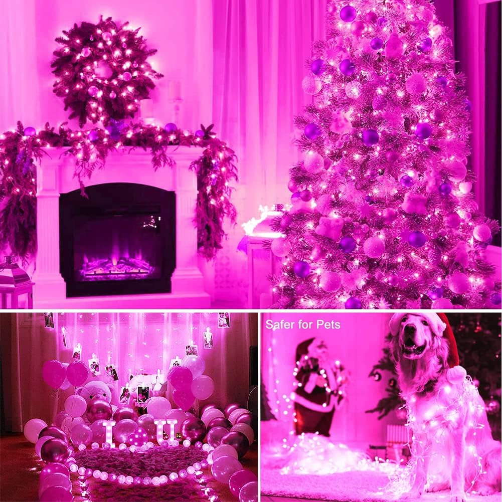 Pink outdoor fairy string lights with 100 LEDs, extendable, featuring memory modes, ideal for wedding, Christmas, and outdoor decor