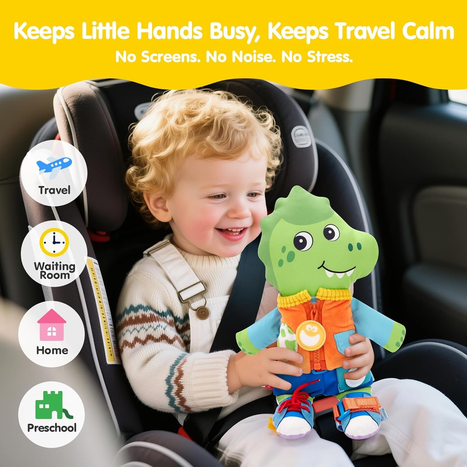 Reversible unicorn and dinosaur plush Montessori busy doll for toddlers, featuring buckles, snaps, and dressing skills, by X With Love.