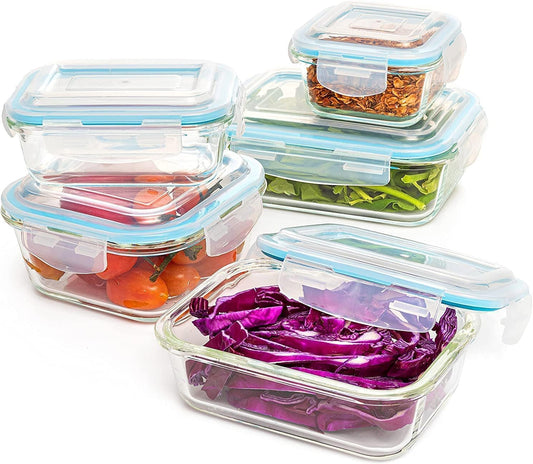 Set of 10 borosilicate glass meal prep containers with leak-proof snap-lock lids, microwave, oven, and freezer safe.