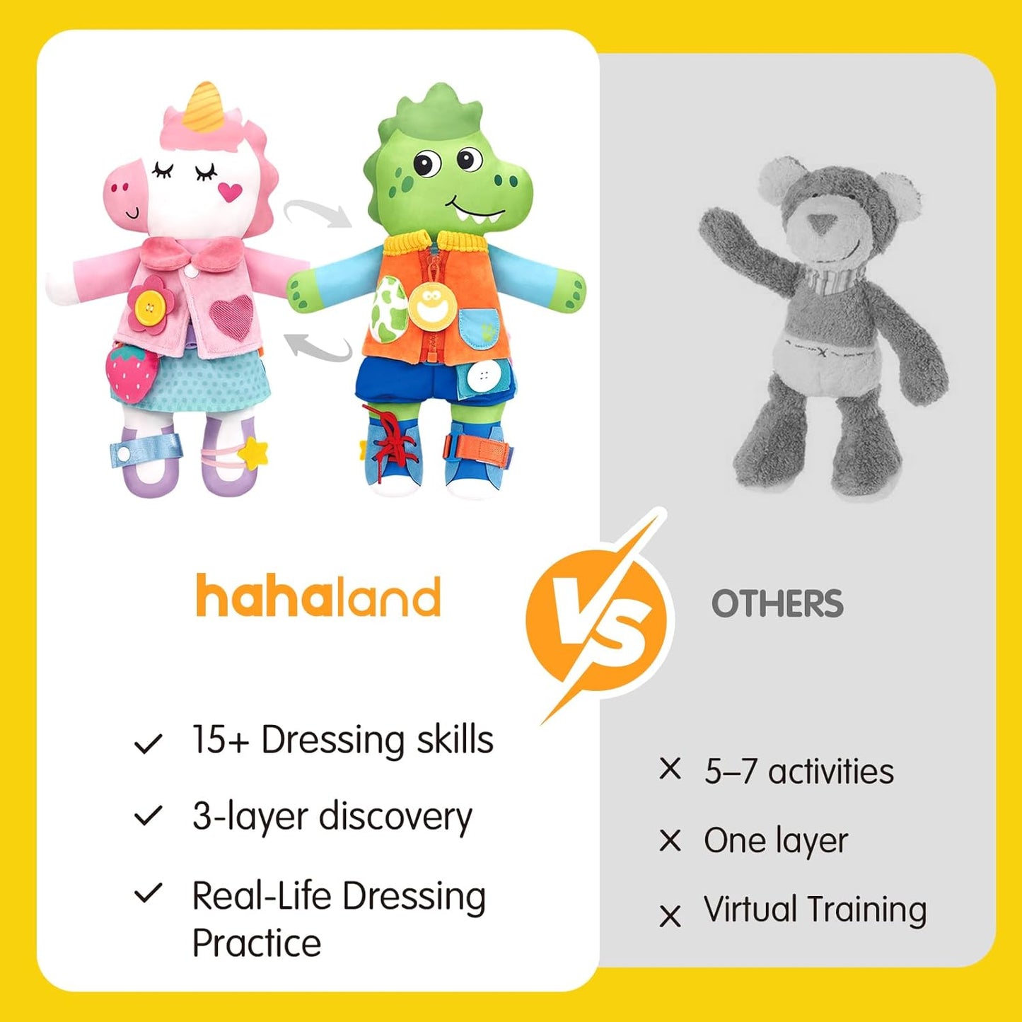 Reversible plush unicorn and dinosaur Montessori busy doll for toddlers, featuring buckles and dress-up skills for ages 1-3.