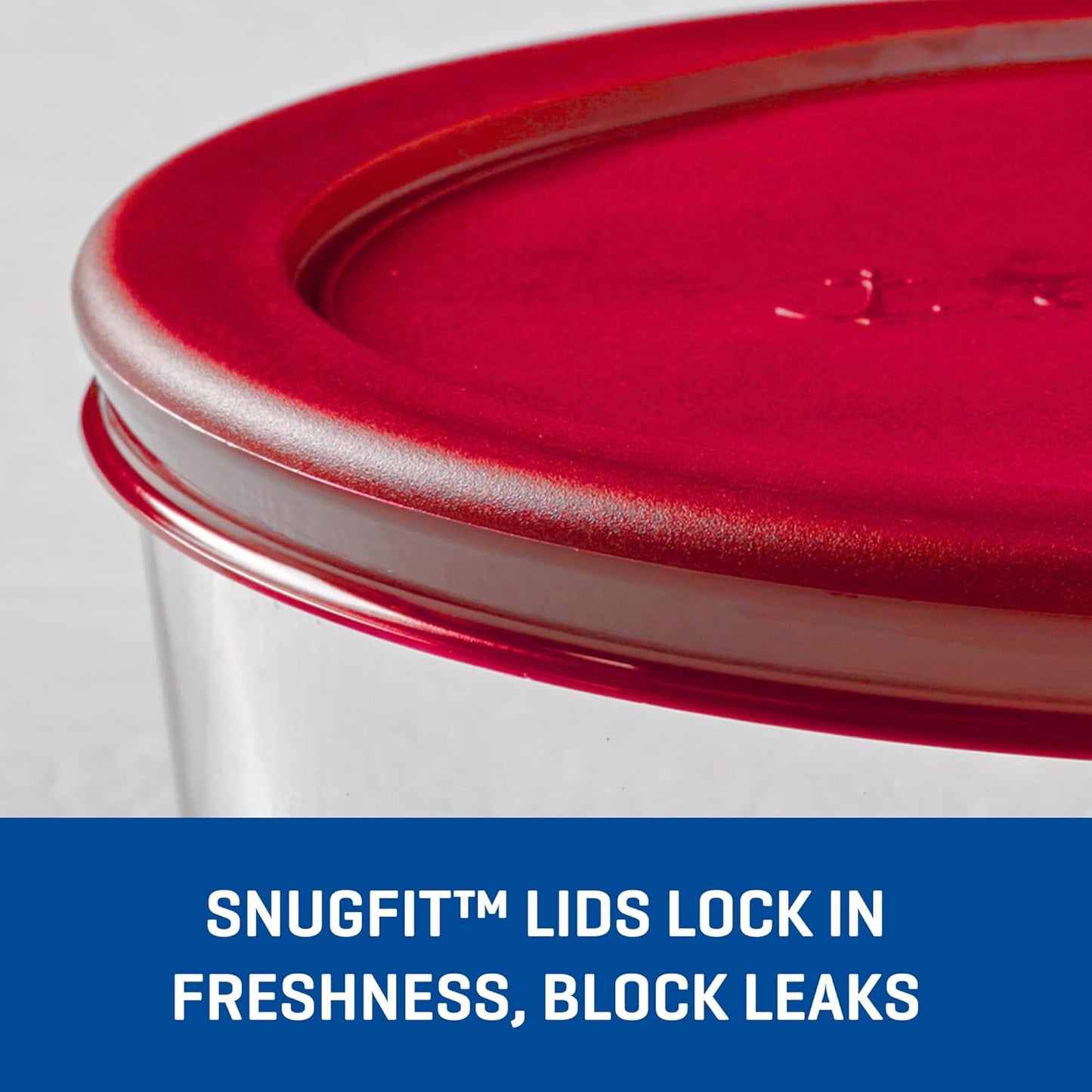 Four red Snugfittm round food storage containers with lids, 7-cup capacity, oven-safe, from X With Love.