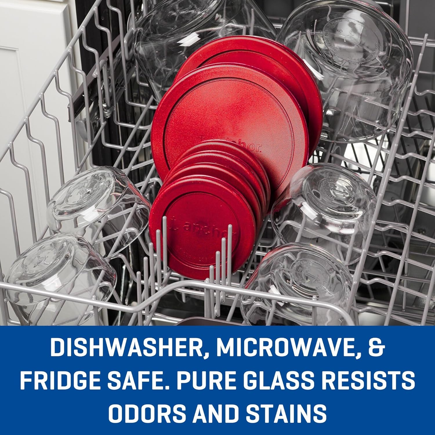 Set of four Snugfittm round food storage containers with lids, 7-cup capacity, red color, oven-safe, by X With Love.