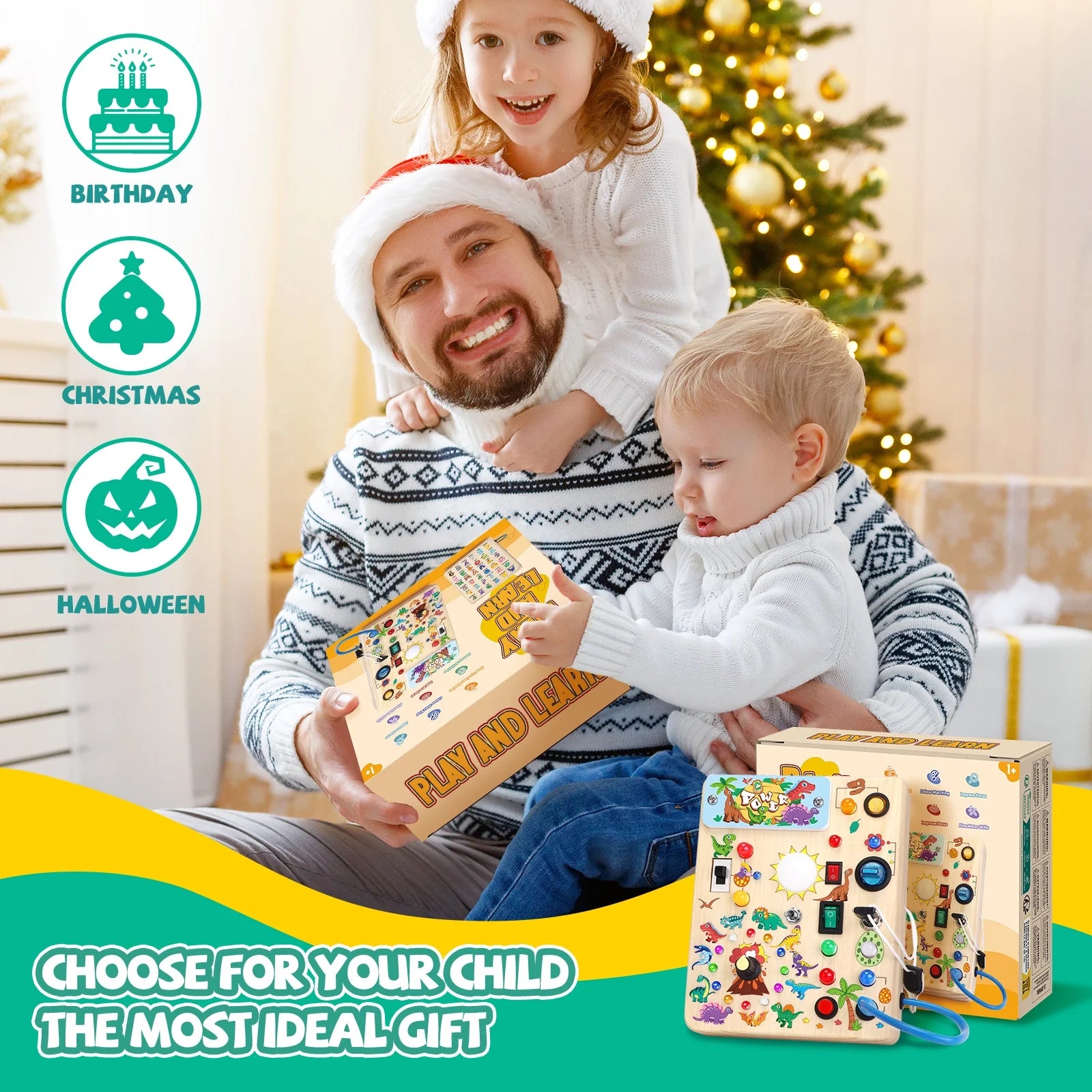 Wooden Dinosaur Busy Board by X With Love featuring colorful dinosaur-shaped Montessori toys for toddlers aged 1+ for travel and learning.
