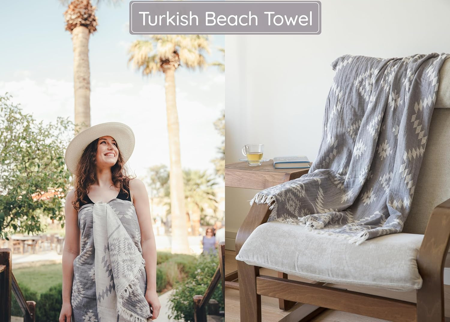 Dark grey Turkish beach towel by My Store, lightweight 100% cotton quick-dry, sand-free vintage design, 35"x67" size.