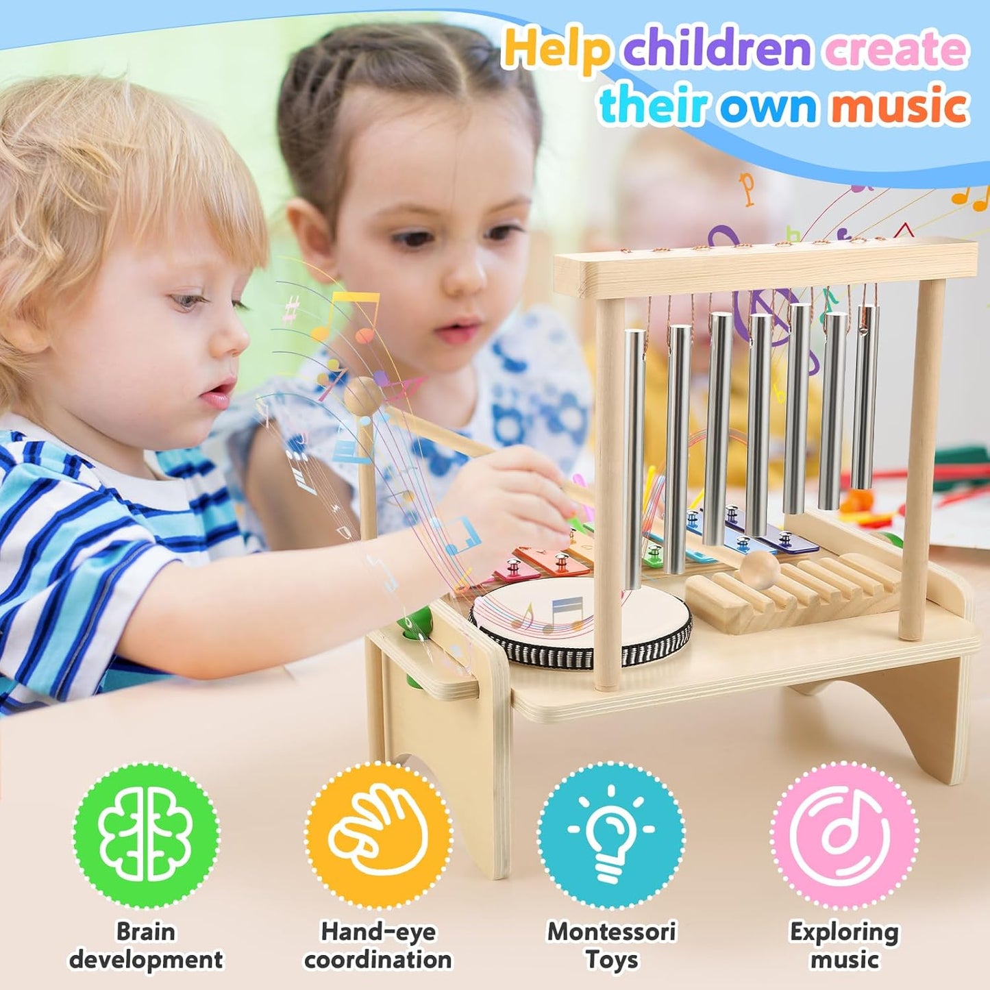 Kids wooden drum set and xylophone toy from X With Love, featuring drums, wind chime, and musical instruments for toddlers.