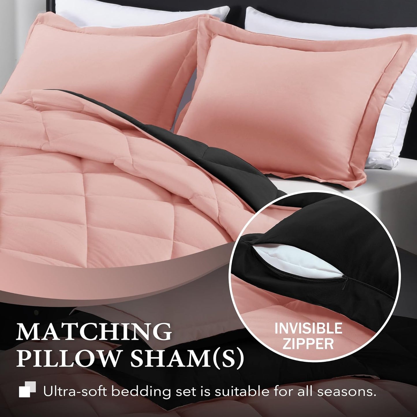 Pink and black twin comforter set with matching pillow sham, soft bedding for all seasons, includes 1 comforter and 1 sham.