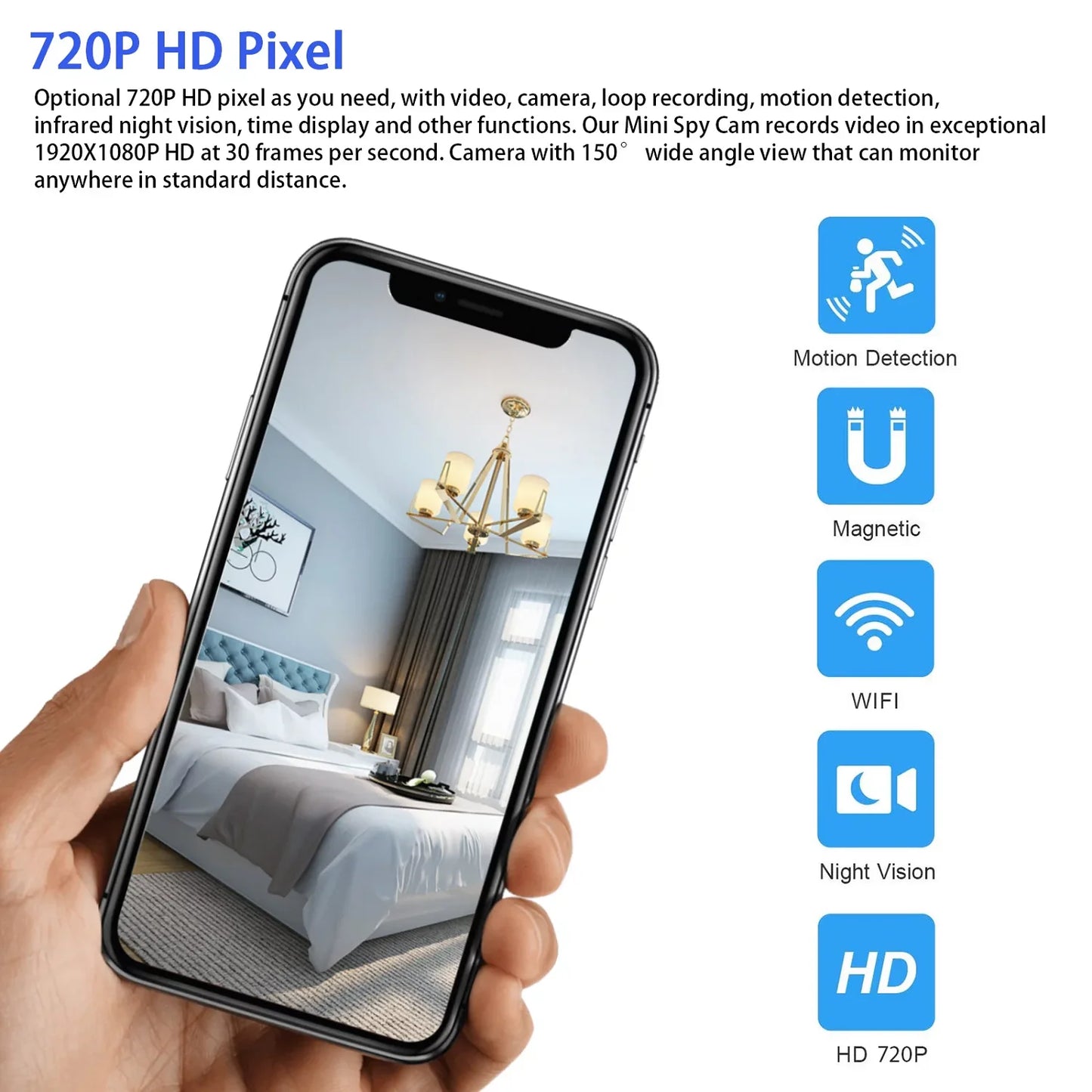 Mini wireless security camera by X With Love with full HD 720P video, night vision, and motion detection for home, office, or outdoor use.