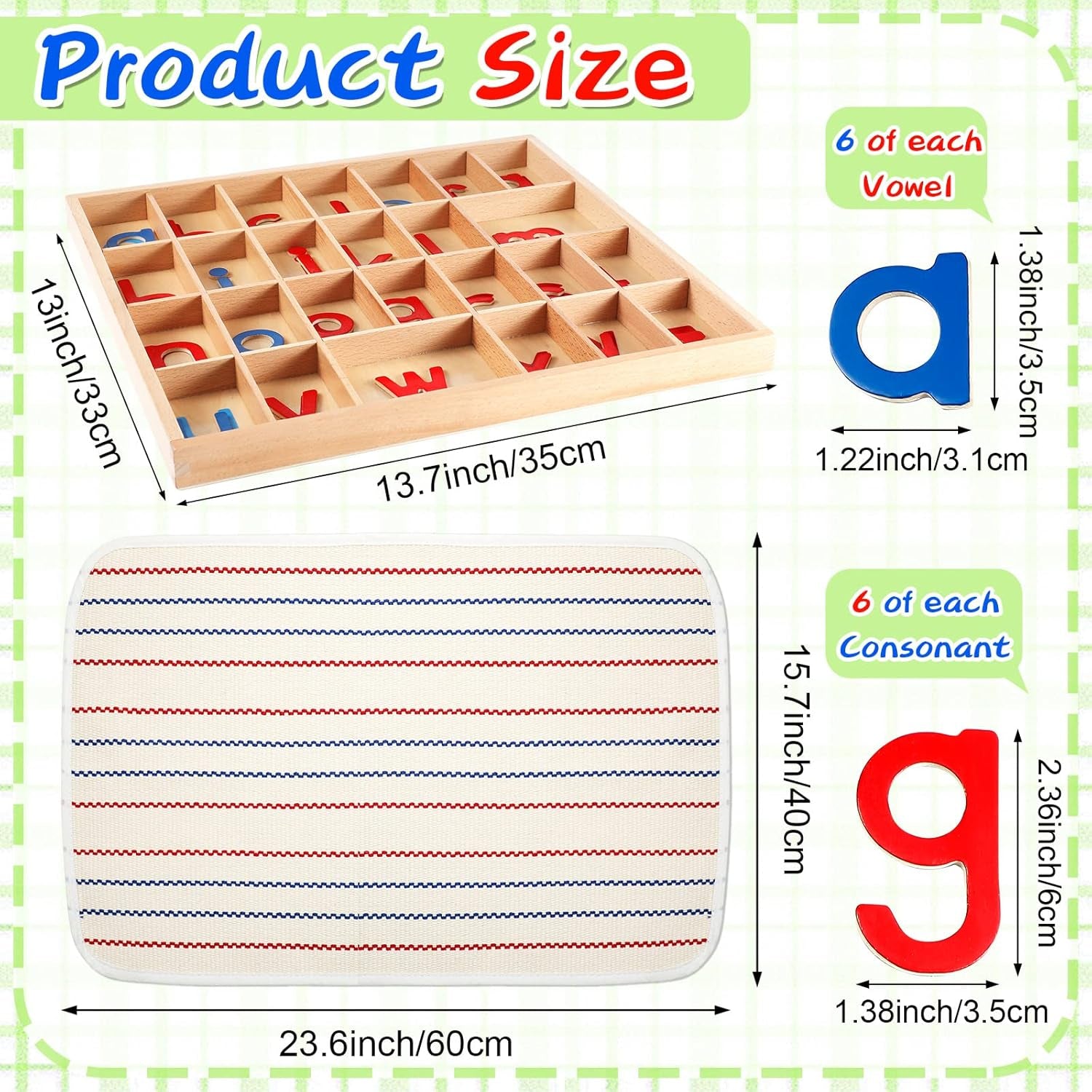 Set of red and blue Montessori wooden alphabet letters with trays, box, and large mat for preschool spelling and language learning.