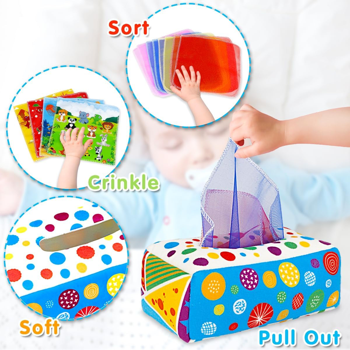 Soft crinkle tissue box toy for babies 6-12 months, sensory Montessori toy by X With Love for early learning and infant stimulation.