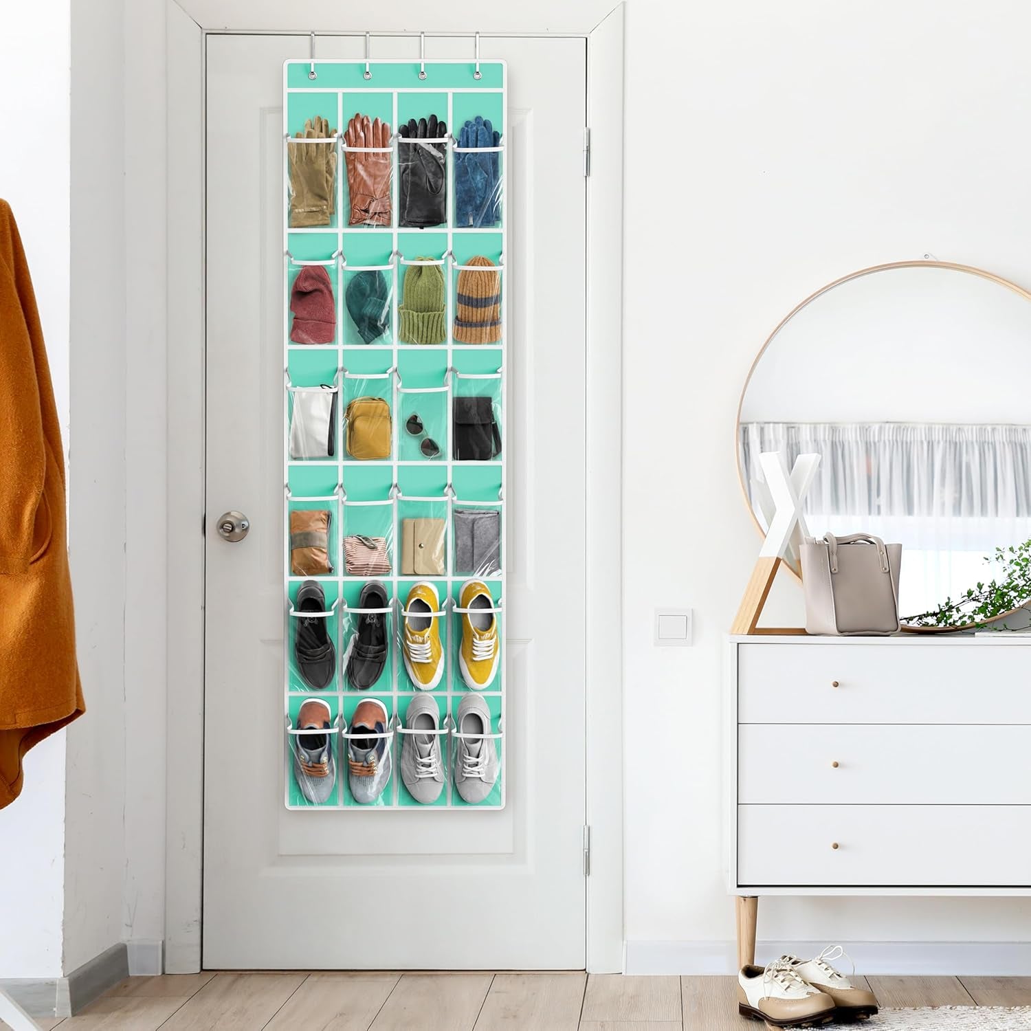 Crystal clear over-the-door shoe organizer with 24 turquoise pockets, 64 inches long for easy storage and organization.