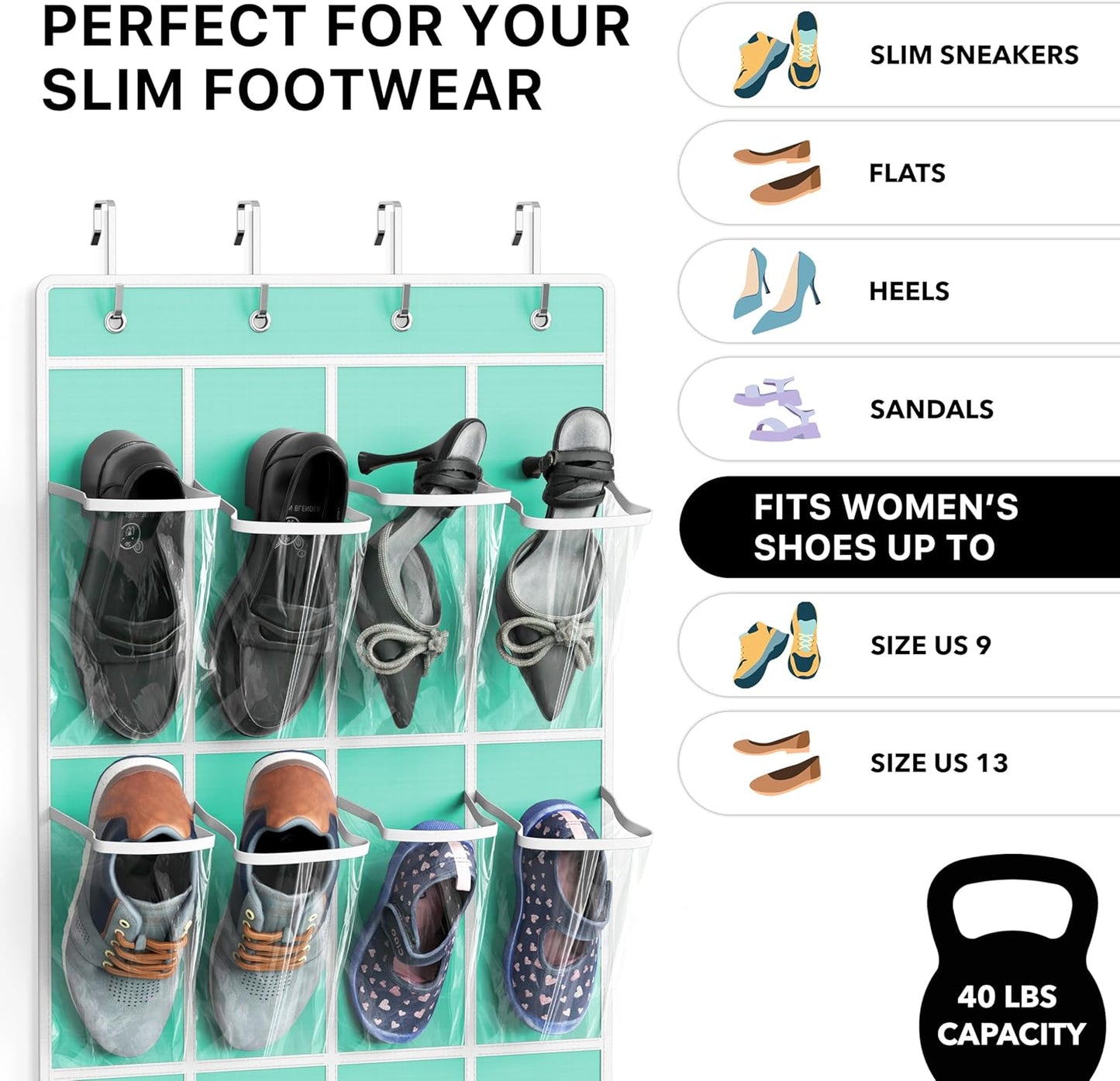 Crystal clear over-the-door shoe organizer with 24 pockets in turquoise, measuring 64 by 19 inches for versatile storage.