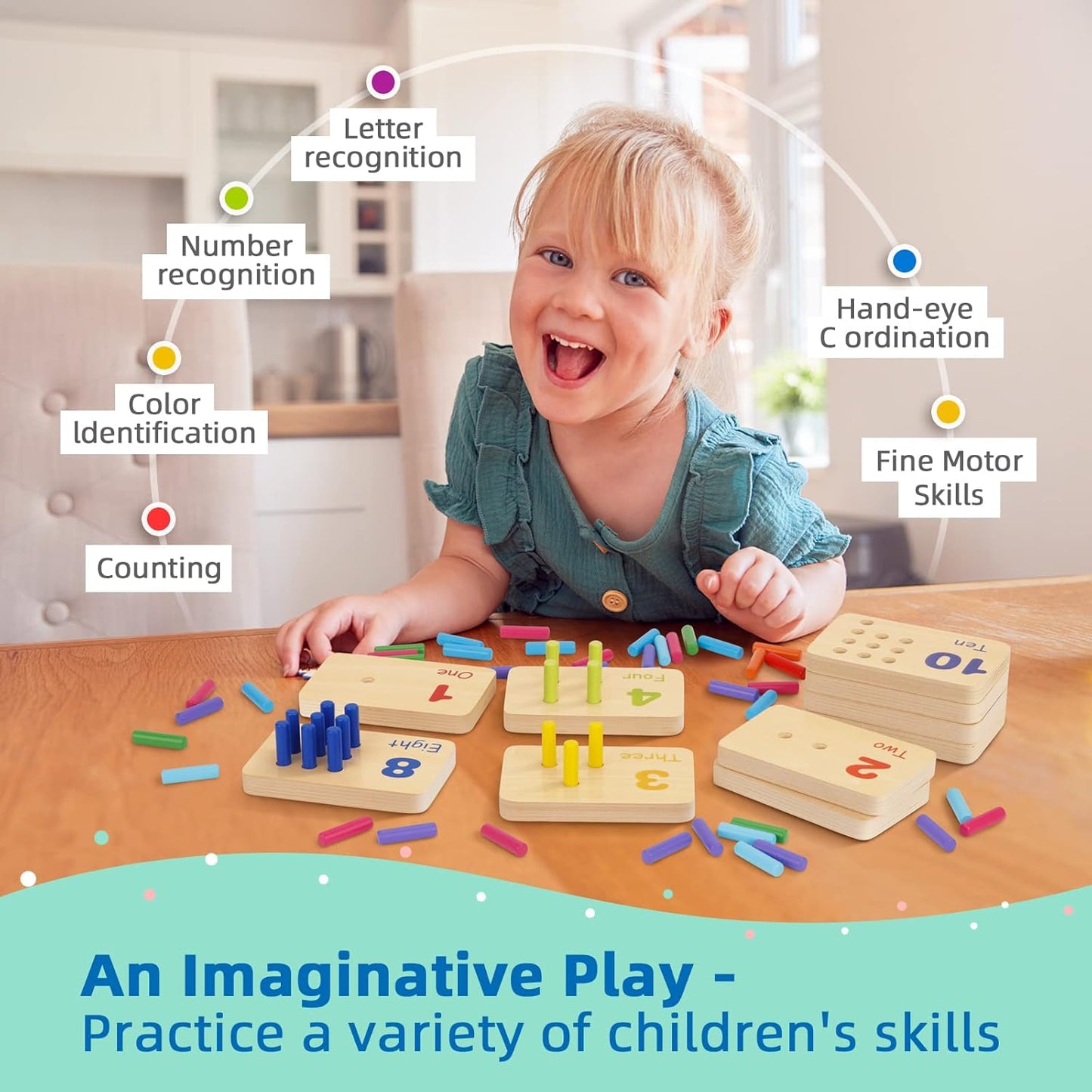 Wooden peg board toddler toy with 55 colorful pegs for counting and math activities, Montessori-inspired educational manipulatives.