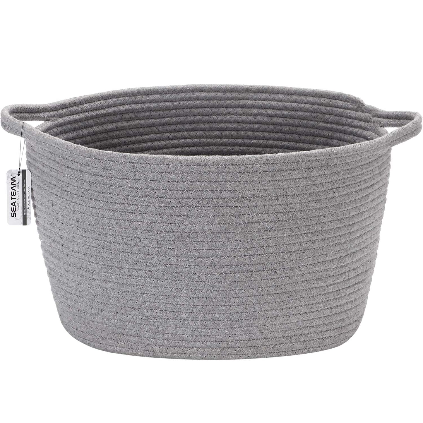 Oval grey cotton rope woven storage basket with handles, ideal for nursery diaper caddy or kid's room organization, medium size.