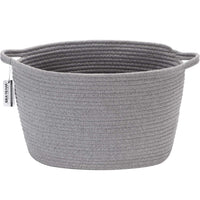 Oval grey cotton rope woven storage basket with handles, ideal for nursery diaper caddy or kid's room organization, medium size.