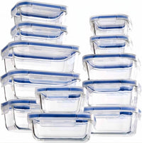 Set of 24 blue glass food storage containers with airtight lids, leak-proof, BPA free, ideal for meal prep and pantry storage.