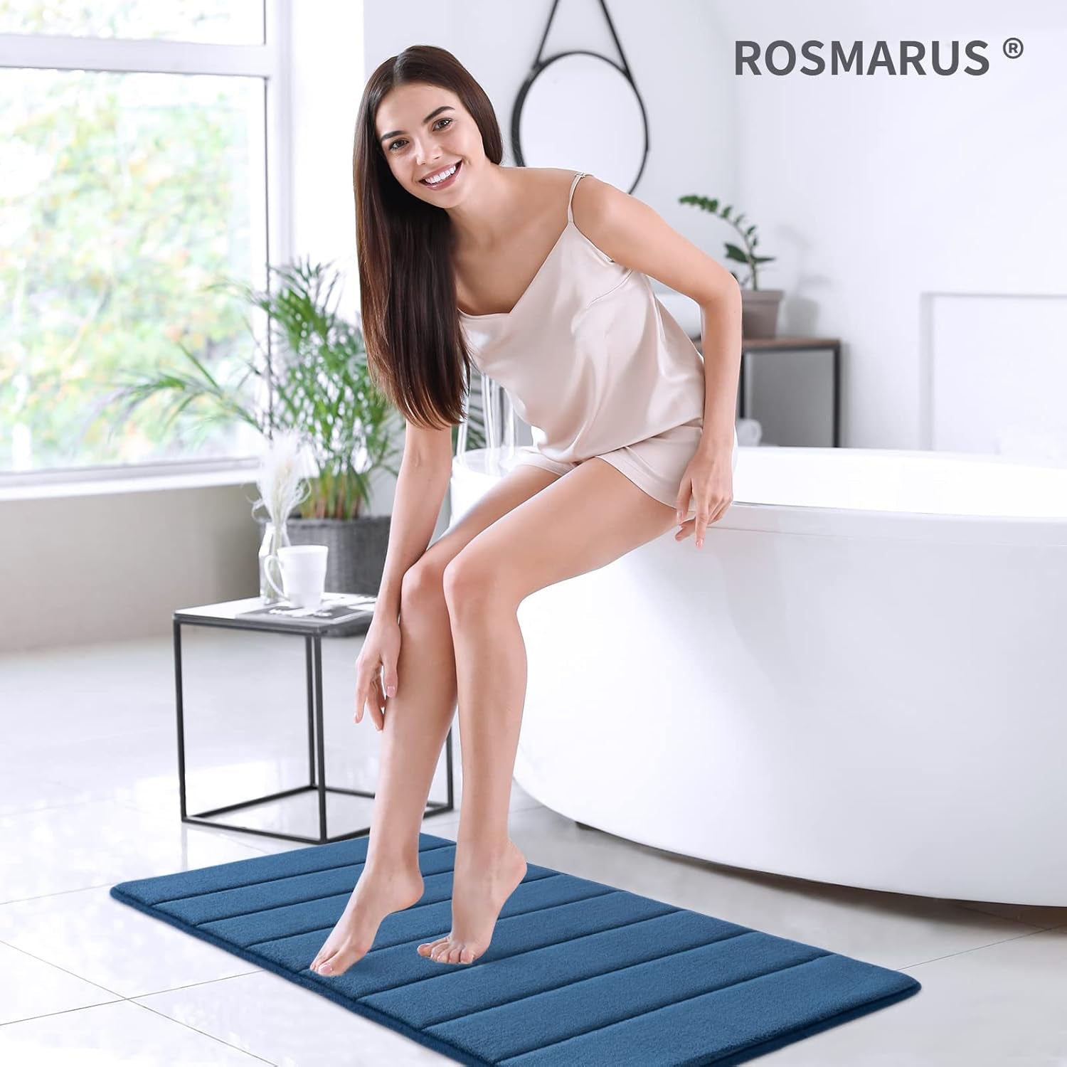 Navy memory foam bath mat with non-slip PVC backing, water absorbent, ultra soft, 20x32 inches, ideal for bathroom floors and tubs