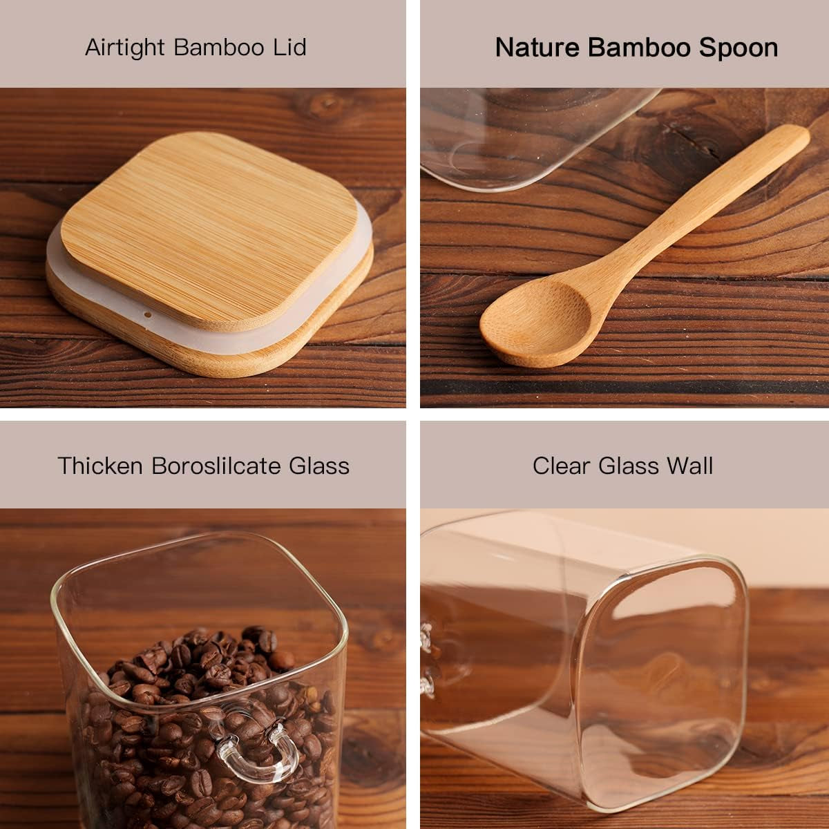 Set of 4 square glass storage jars with bamboo lids, spoons, and labels for coffee, tea, and sugar storage.