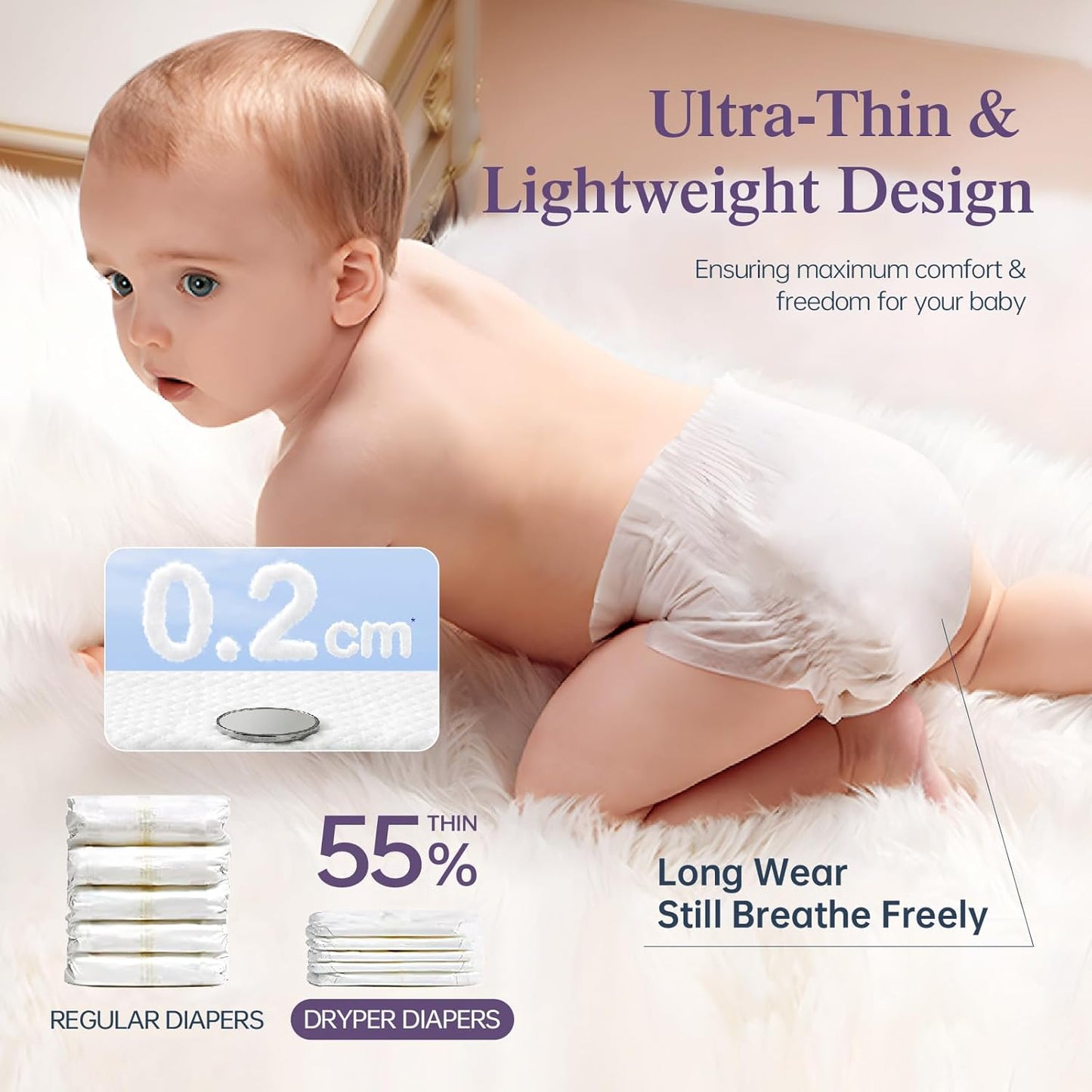 Baby diapers by X With Love, newborn size 1 with leak guards, wetness indicator, ultra-soft, thin, fast absorption, 180 count