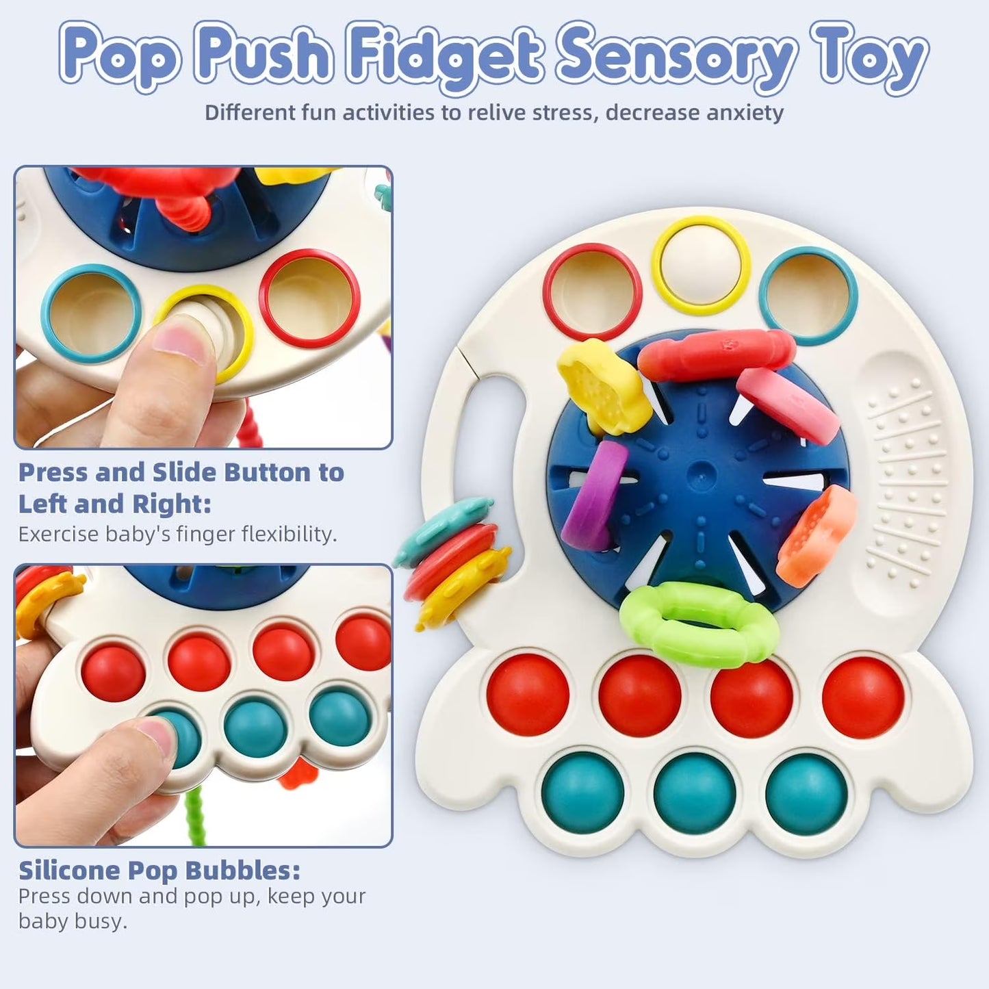 Baby sensory toy by X With Love, all-in-one Montessori travel toy with pull string activity for infants 0-18 months.