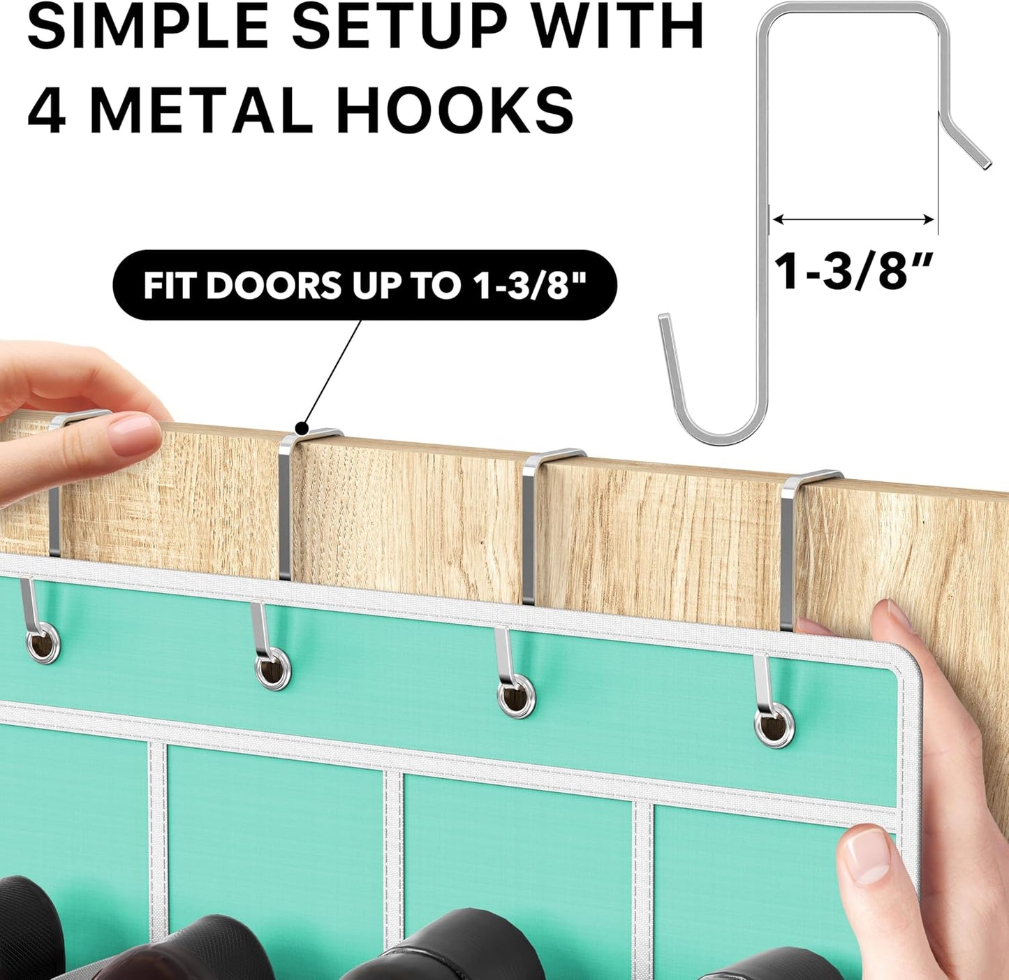 Crystal clear over the door shoe organizer with 24 turquoise pockets, 64 inches tall, ideal for decluttering footwear storage.
