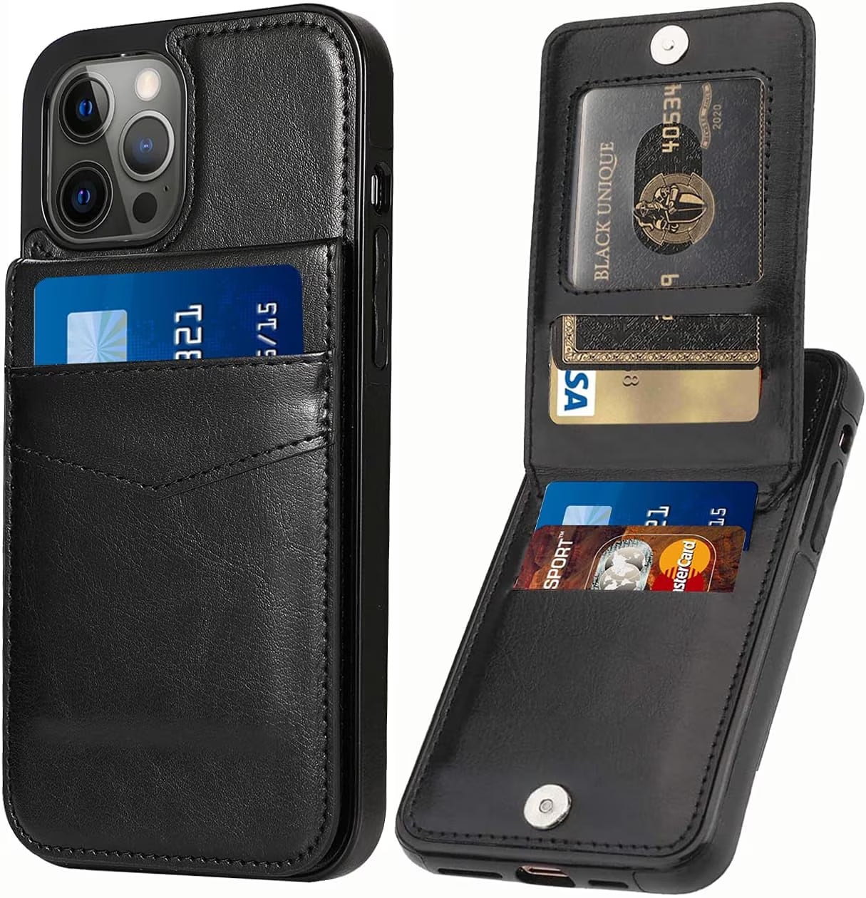 Black X With Love wallet case for iPhone 14 Pro Max with card holder flip cover, offering protection and storage.