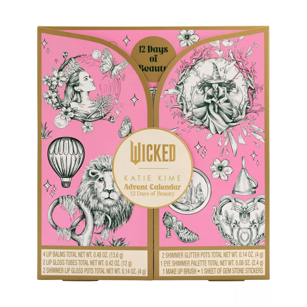 X With Love Wicked Cosmetic Set Wicked 12 Days of Beauty Advent Calendar with festive packaging and beauty products inside.
