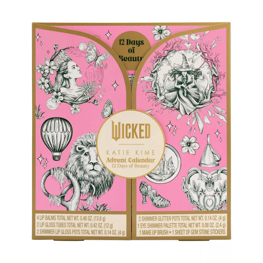 X With Love Wicked Cosmetic Set Wicked 12 Days of Beauty Advent Calendar with festive packaging and beauty products inside.