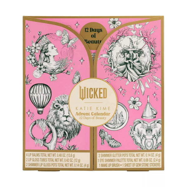 X With Love Wicked Cosmetic Set Wicked 12 Days of Beauty Advent Calendar with festive packaging and beauty products inside.