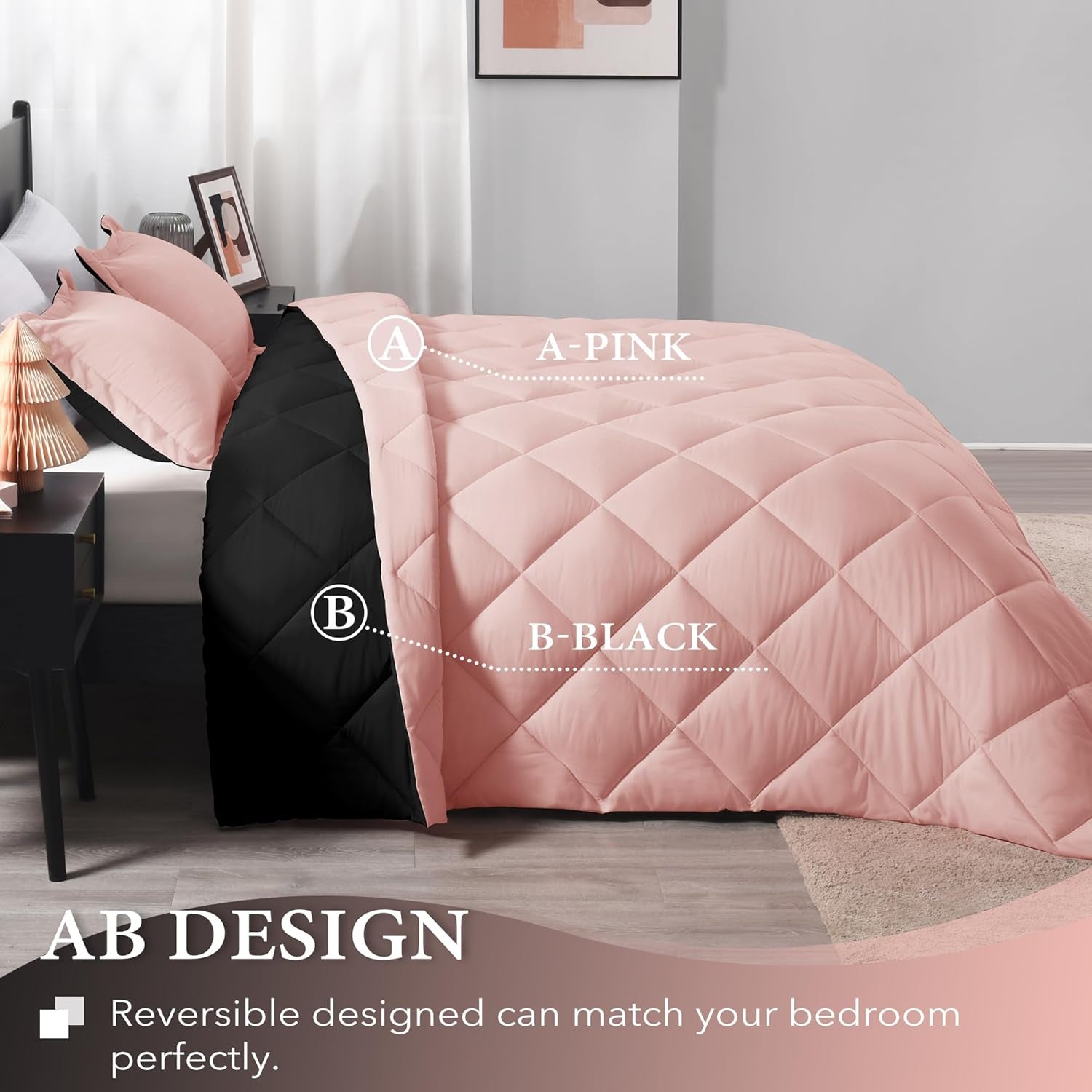 Pink and black twin comforter set with matching pillow sham, soft all-season bedding from My Store, includes 1 comforter and 1 pillow sham