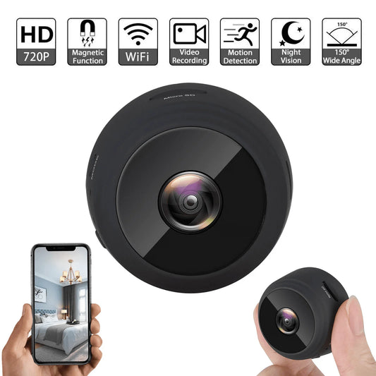 Mini wireless security camera by X With Love with HD 720p video, night vision, motion detection, and portable design for home and outdoor use.