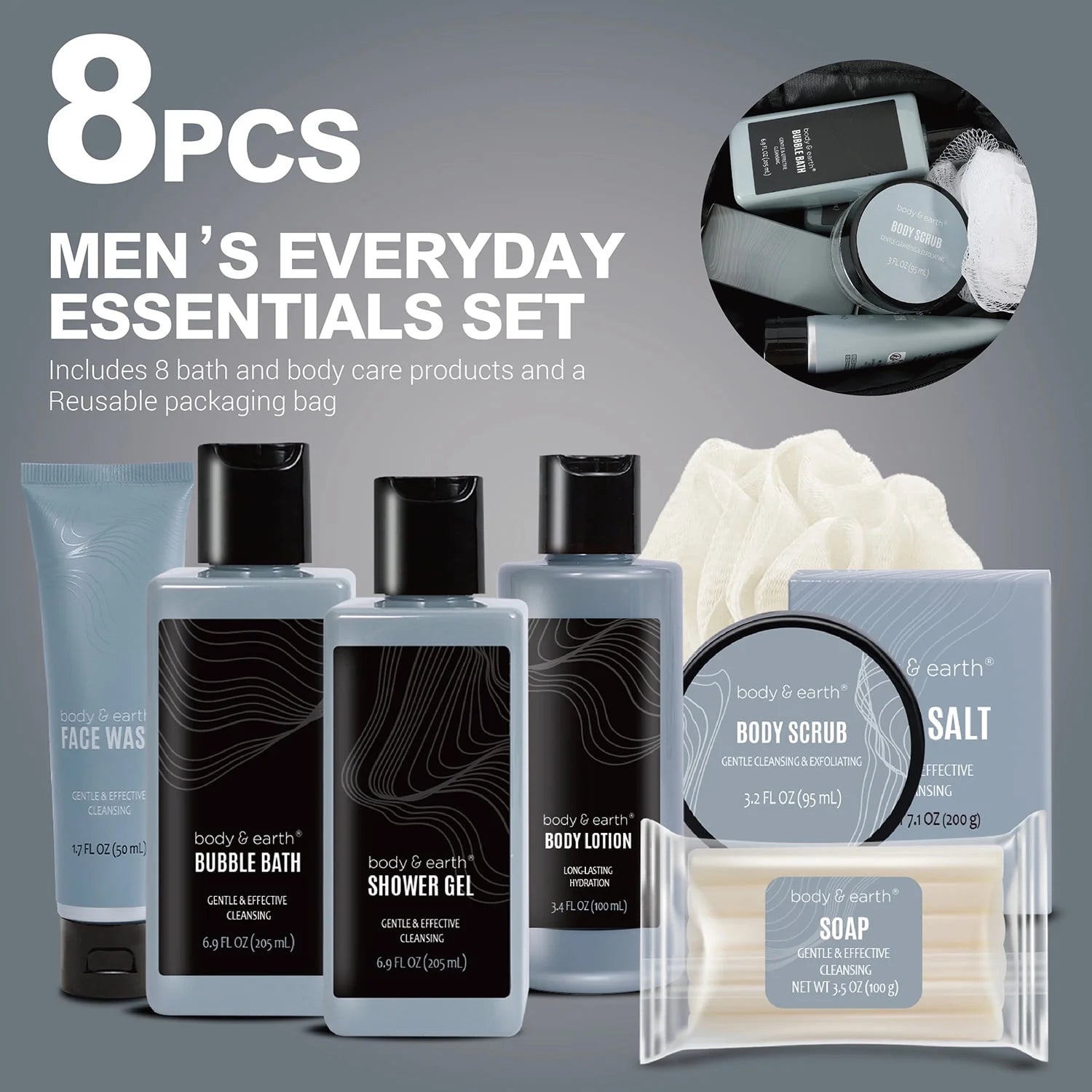 Luxury men's spa gift basket by X With Love featuring 8 leather-scented skin self-care products for relaxation and birthday gifts.