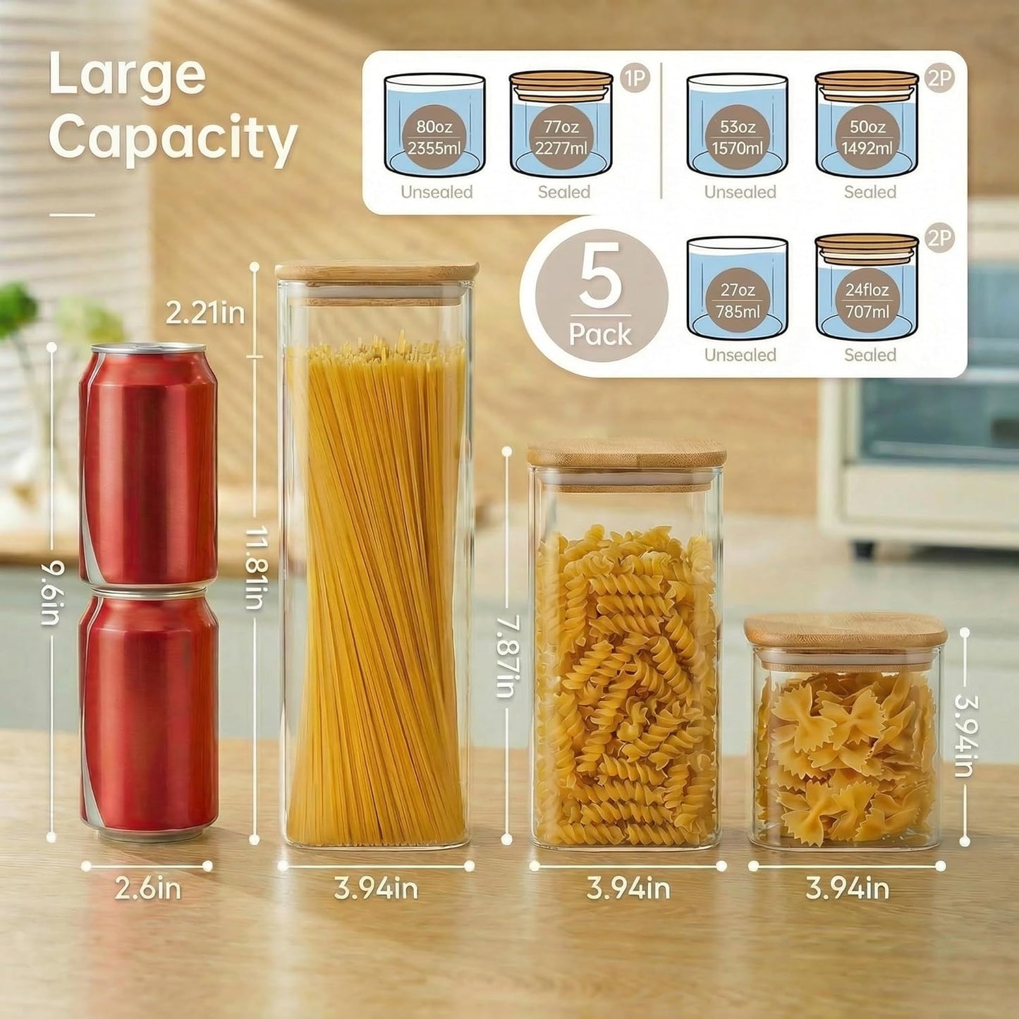 Set of five square glass jars with bamboo lids, airtight food storage containers for pantry staples like pasta, cereal, and flour.