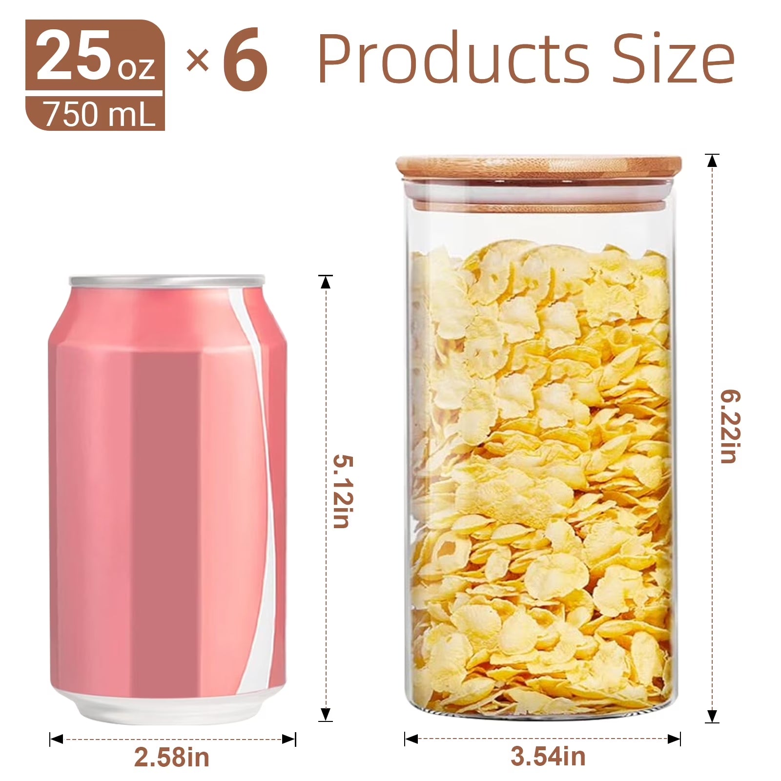 Six 25oz glass jars with bamboo lids, airtight food storage containers for kitchen pantry organization and various dry goods.