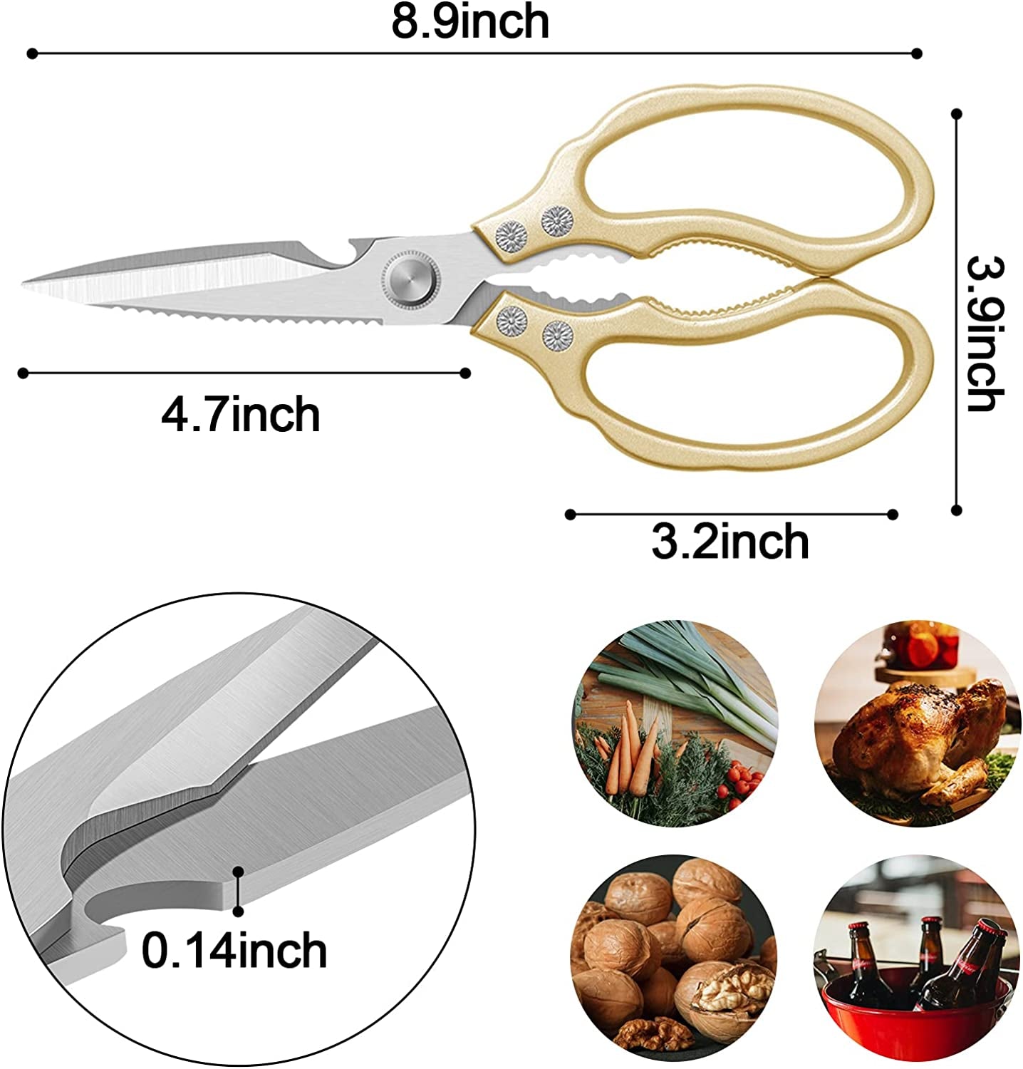 All purpose heavy-duty stainless steel kitchen scissors with gold handles, non-slip grips, ideal for poultry, fish, meat, herbs, and grapes.