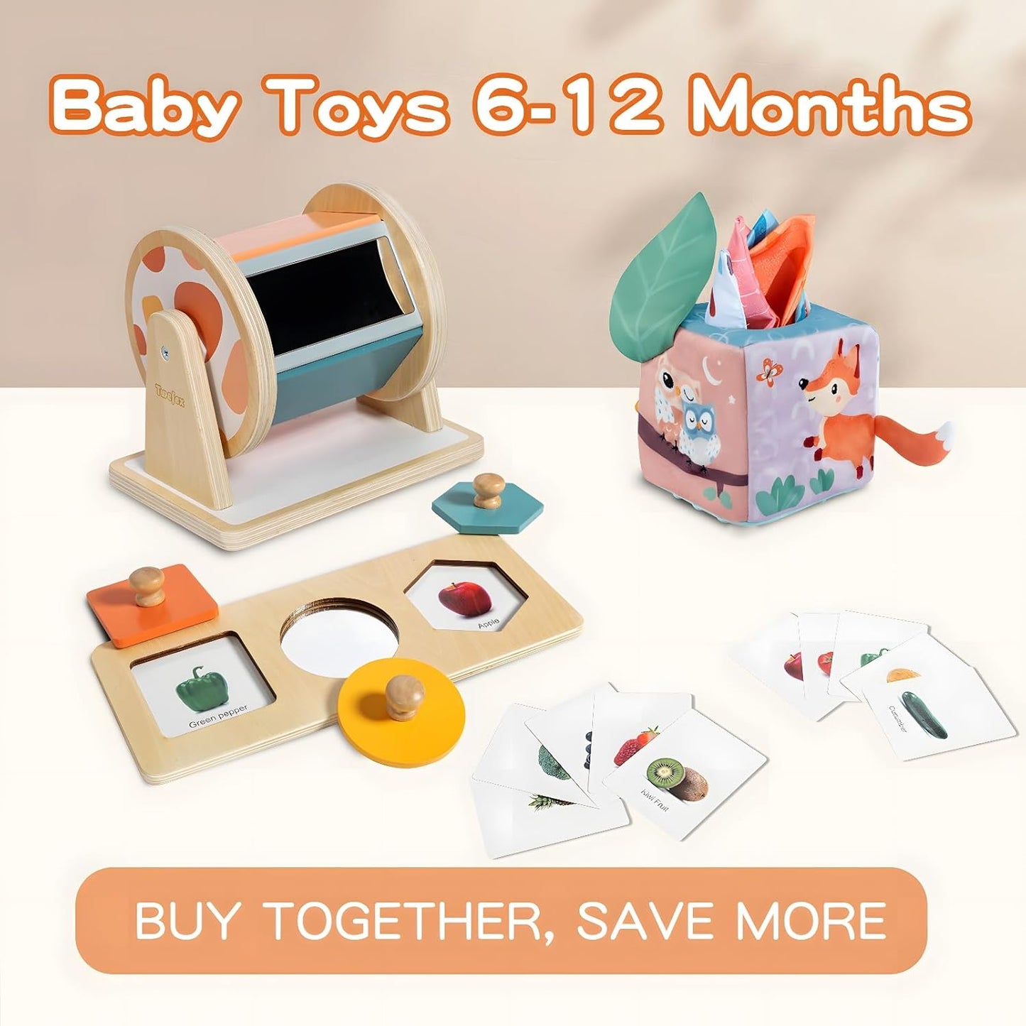 Montessori baby toys for 6-12 months including spinning drum, tissue box, peekaboo puzzle, and educational play kit by X With Love