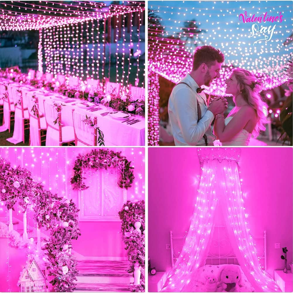 Pink outdoor fairy string lights with 100 LEDs, extendable, memory modes controller, ideal for wedding, Christmas, patio, indoor outdoor decor.