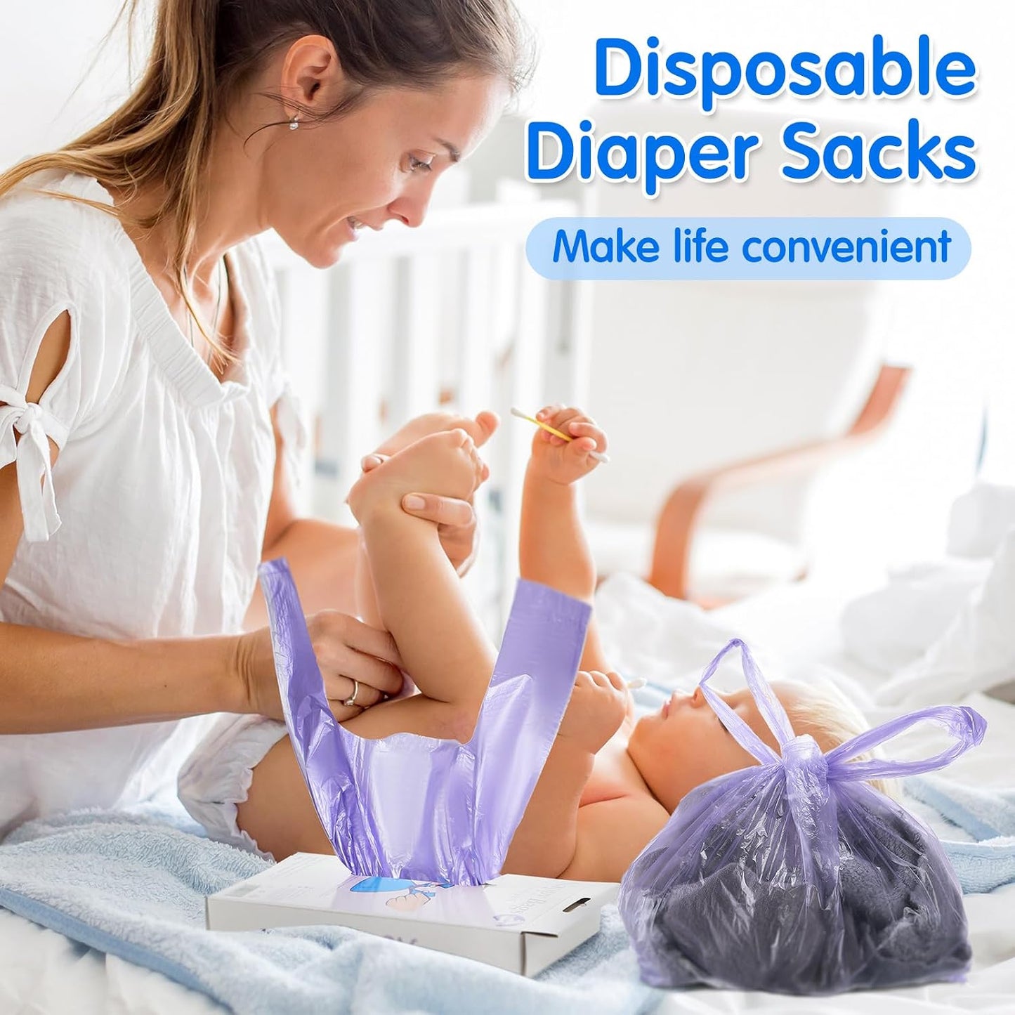 Pack of 1800 scented disposable diaper bags with easy tie handles, suitable for baby and pet waste disposal and travel use.
