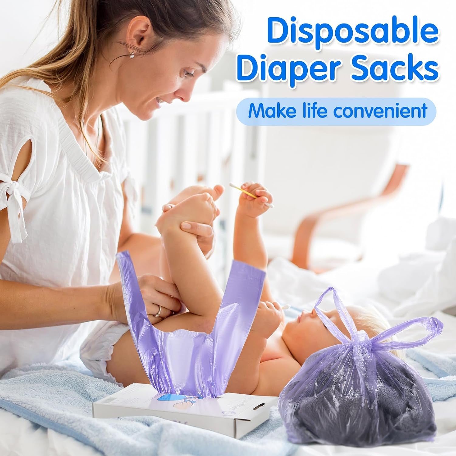 Pack of 1800 scented disposable diaper bags with easy tie handles, suitable for baby and pet waste disposal and travel use.
