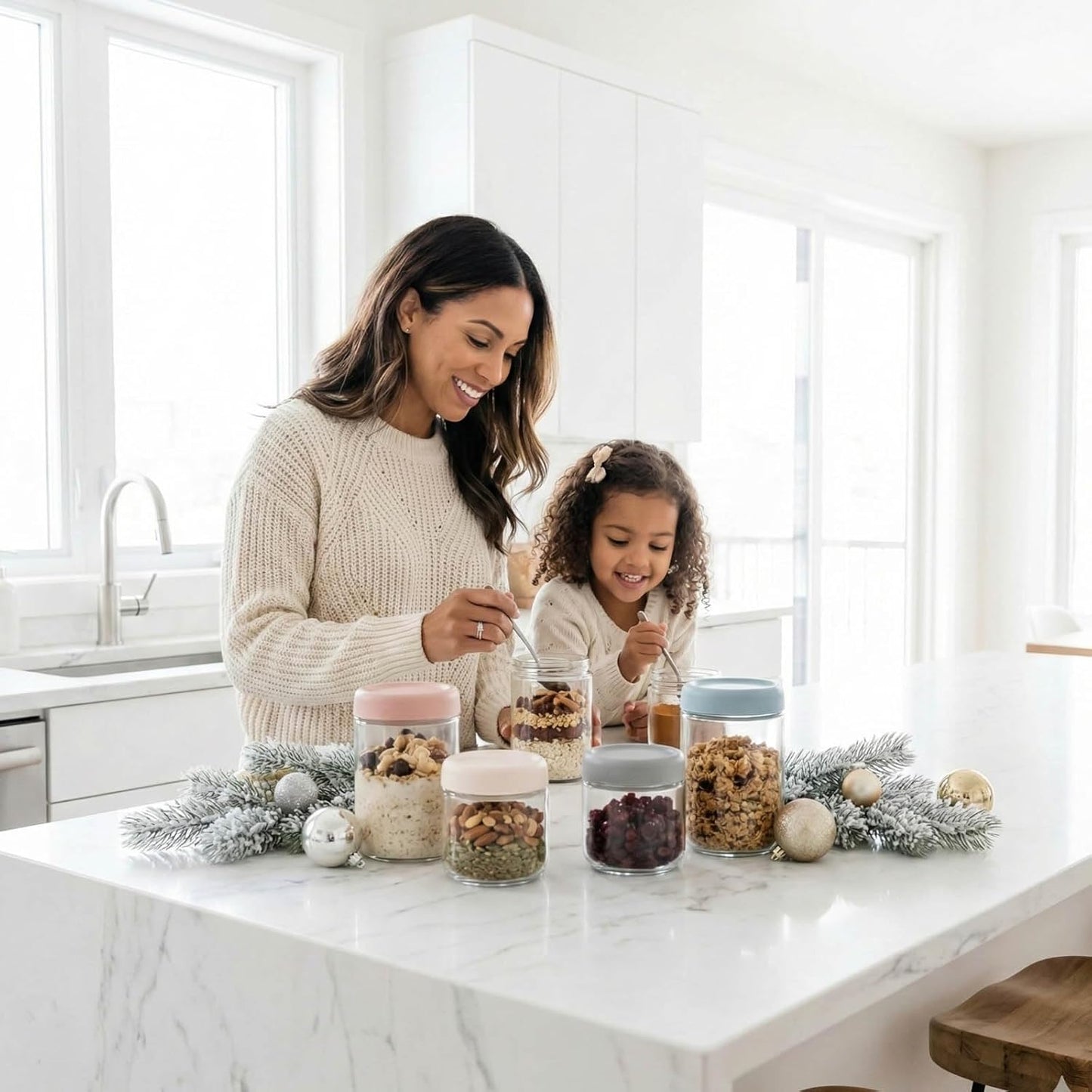 Eight stackable glass overnight oats containers with airtight lids, perfect for meal prep, chia pudding, yogurt, and snacks.