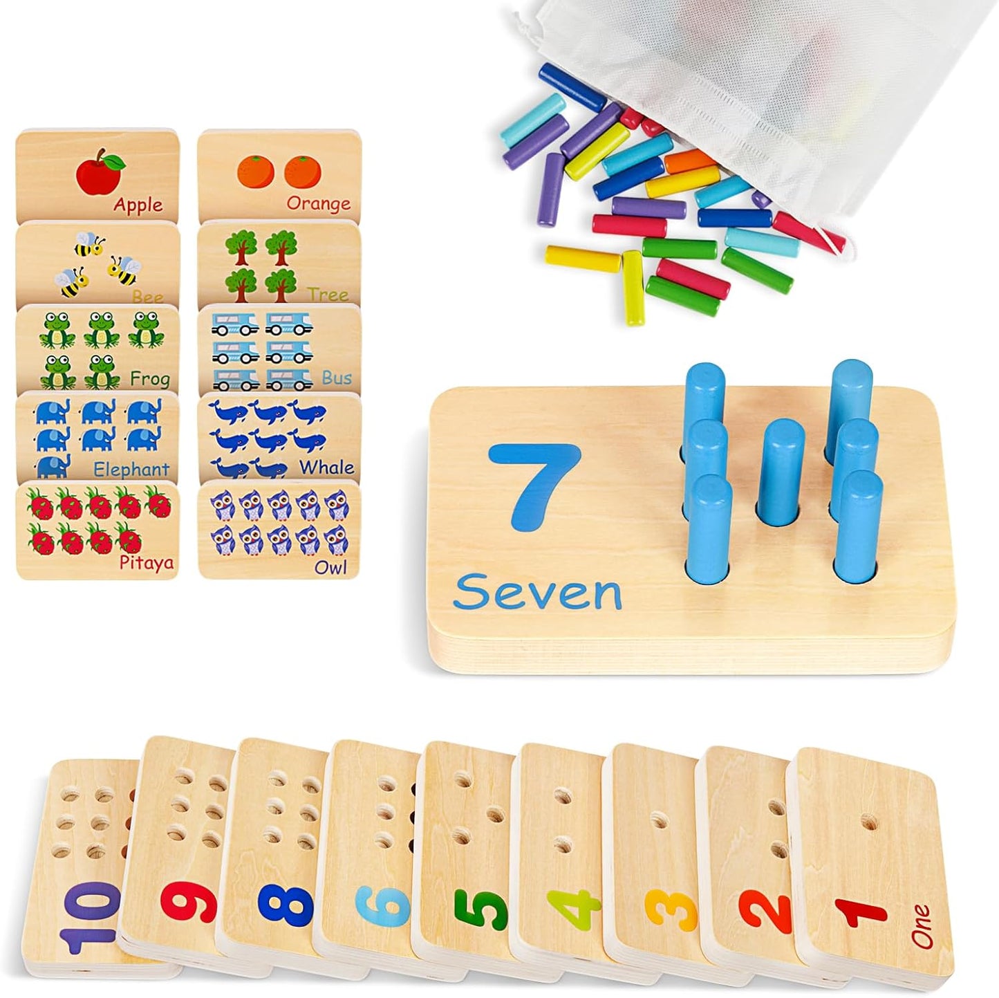Wooden peg board toddler toy with 55 colorful pegs, educational Montessori math manipulatives for kids and kindergarten learning activities.
