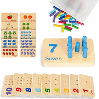 Wooden peg board toddler toy with 55 colorful pegs, educational Montessori math manipulatives for kids and kindergarten learning activities.